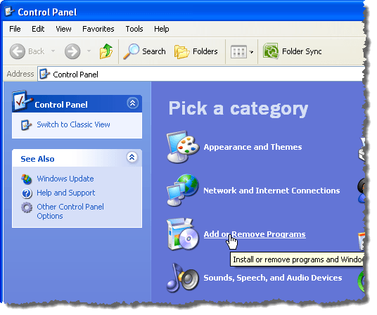 Kattintson a Programok telepítése és törlése linkre a Windows XP rendszerben