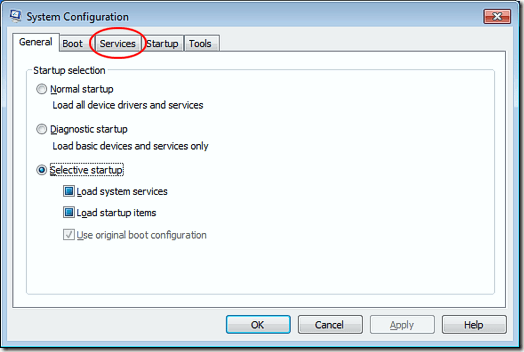 Services Tab on the System Configuration Window