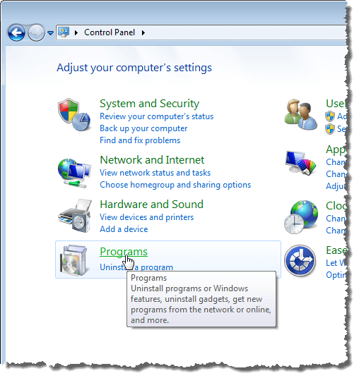 Kattintson a Programok hivatkozásra a Windows 7 rendszerben